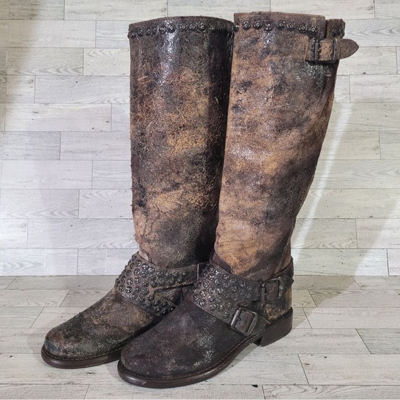 Women's Frye Jenna Western Brown Leather Moto Tall Riding Engineer Boots Sz 6.5 - Picture 2 of 9